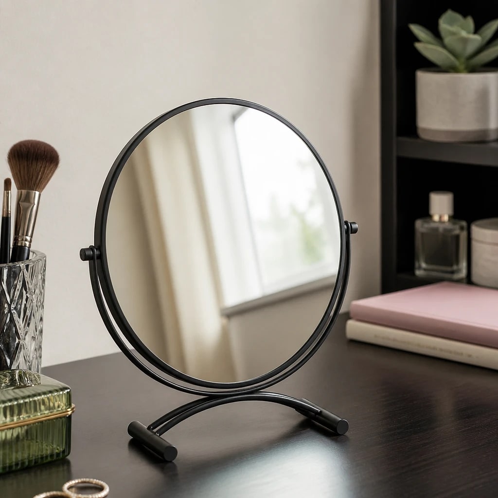 Round Matte Black Table Mirror