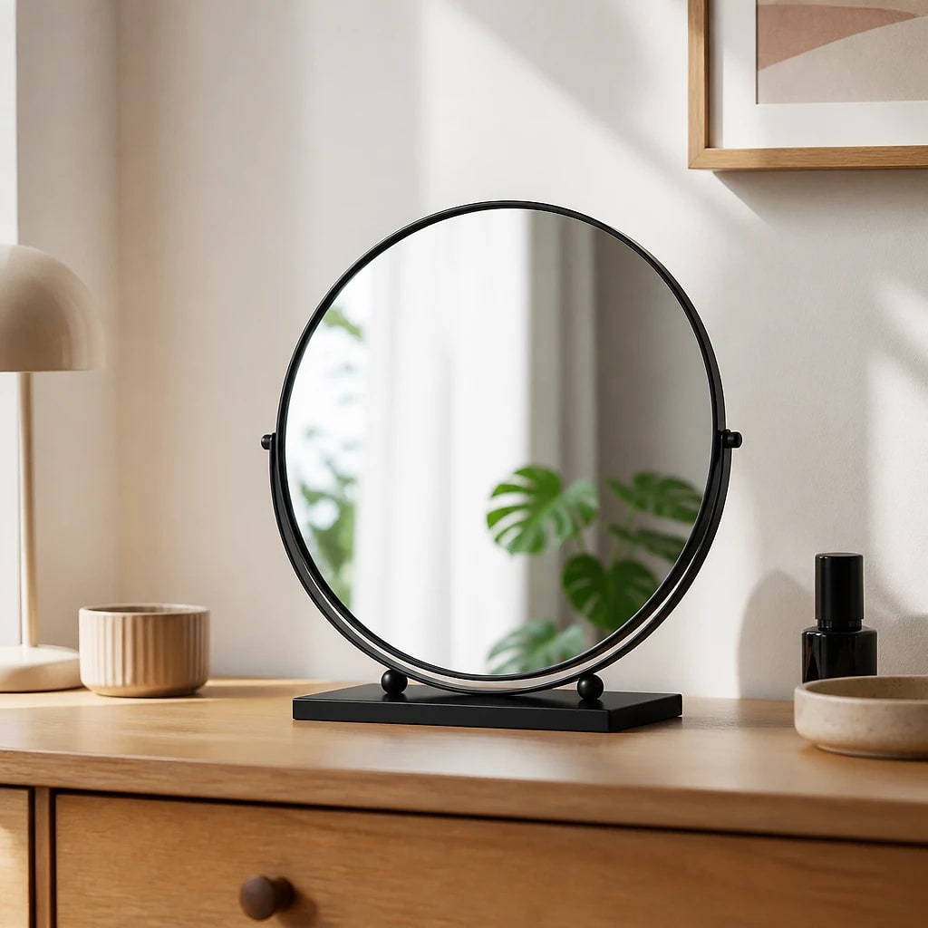 Round Matte Black Tabletop Mirror